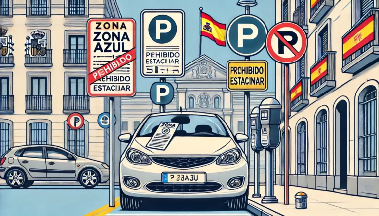 Escenario de multas de estacionamiento en España con un coche multado y un parquímetro.
